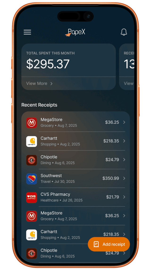 PapeX app on iPhone showing recent receipts and spending